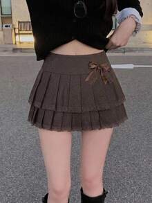 DAZY 女款蝴蝶結裝飾對比蕾絲百褶裙 - 棕色 - 查看 2