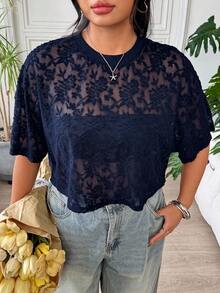 SHEIN EZwear 大尺碼女款海軍藍花卉網紗圓領短袖上衣 - 藏蓝色 - 查看 3