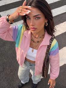 Muchica Colorblock Drop Shoulder Zip Up Jacket In Fall/Winter - Multicolor - View 1