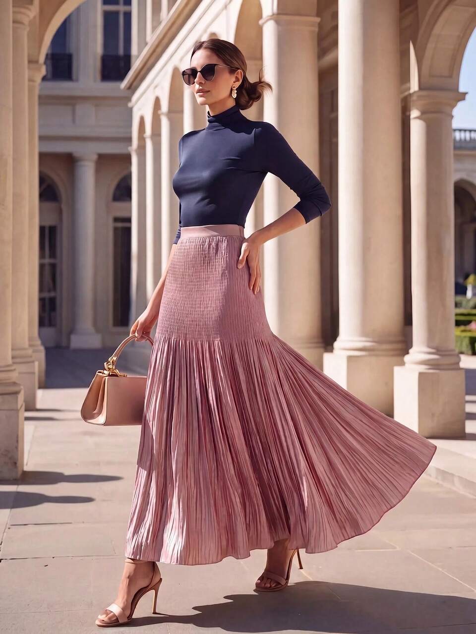 Anewsta Women's New Elegant Pleated Pink Full Skirt Long Skirt For Daily Wear