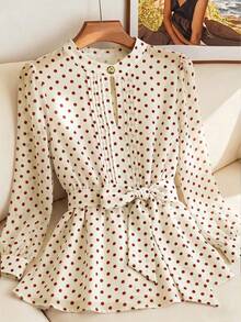 GlowEve CURVE Designer White Polka Dot Lace-Up Waist-Cinched Chiffon Blouse Women's Spring New Stylish Plus Size Shirt Fall - Apricot - View 1