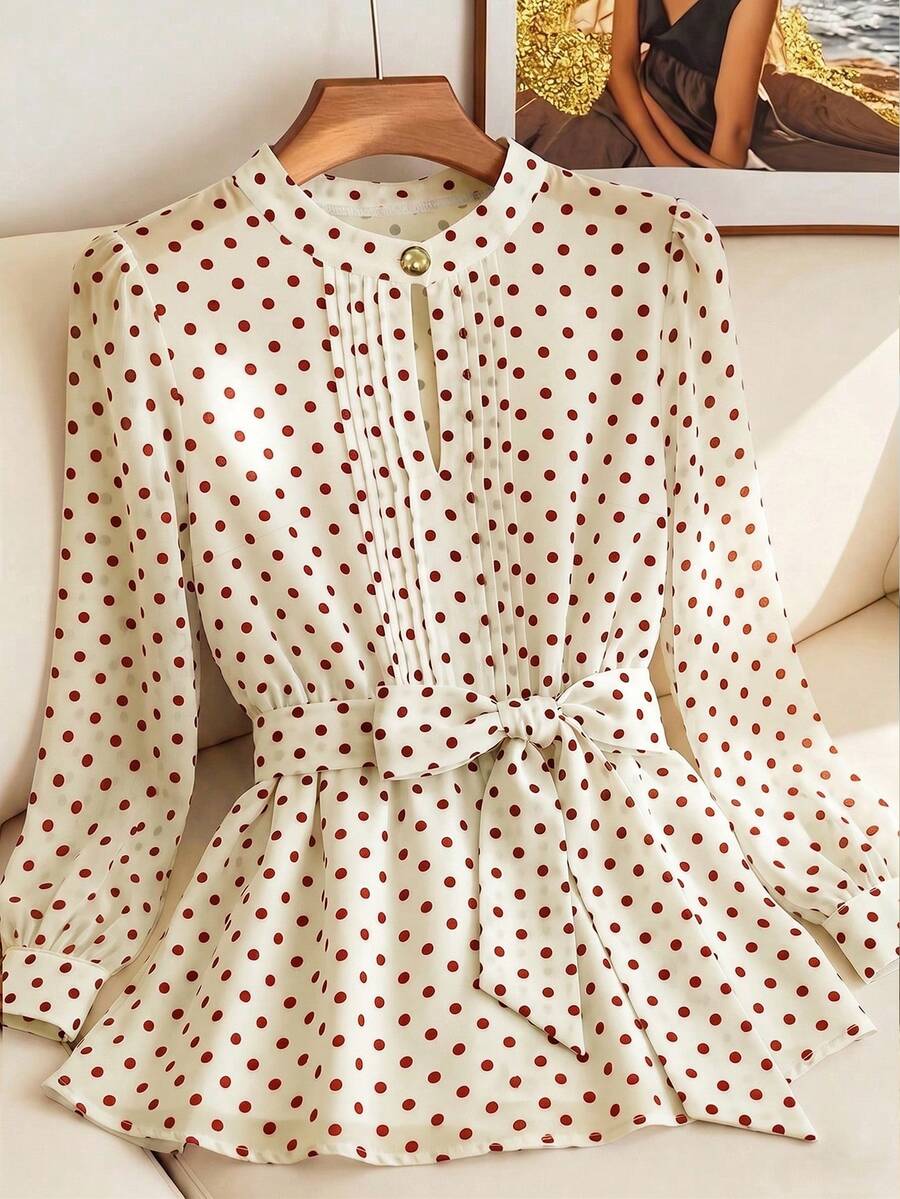 GlowEve CURVE Designer White Polka Dot Lace-Up Waist-Cinched Chiffon Blouse Women's Spring New Stylish Plus Size Shirt Fall - Apricot - View 1