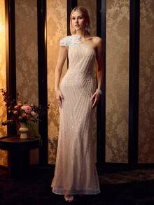 MOTF Soiréza ELEGANT WOMEN'S ONE SHOULDER BEADED MERMAID HEM MAXI GOWN WITH 3D FLOWER DETAIL FOR FORMAL PARTY - Champagne - View 5