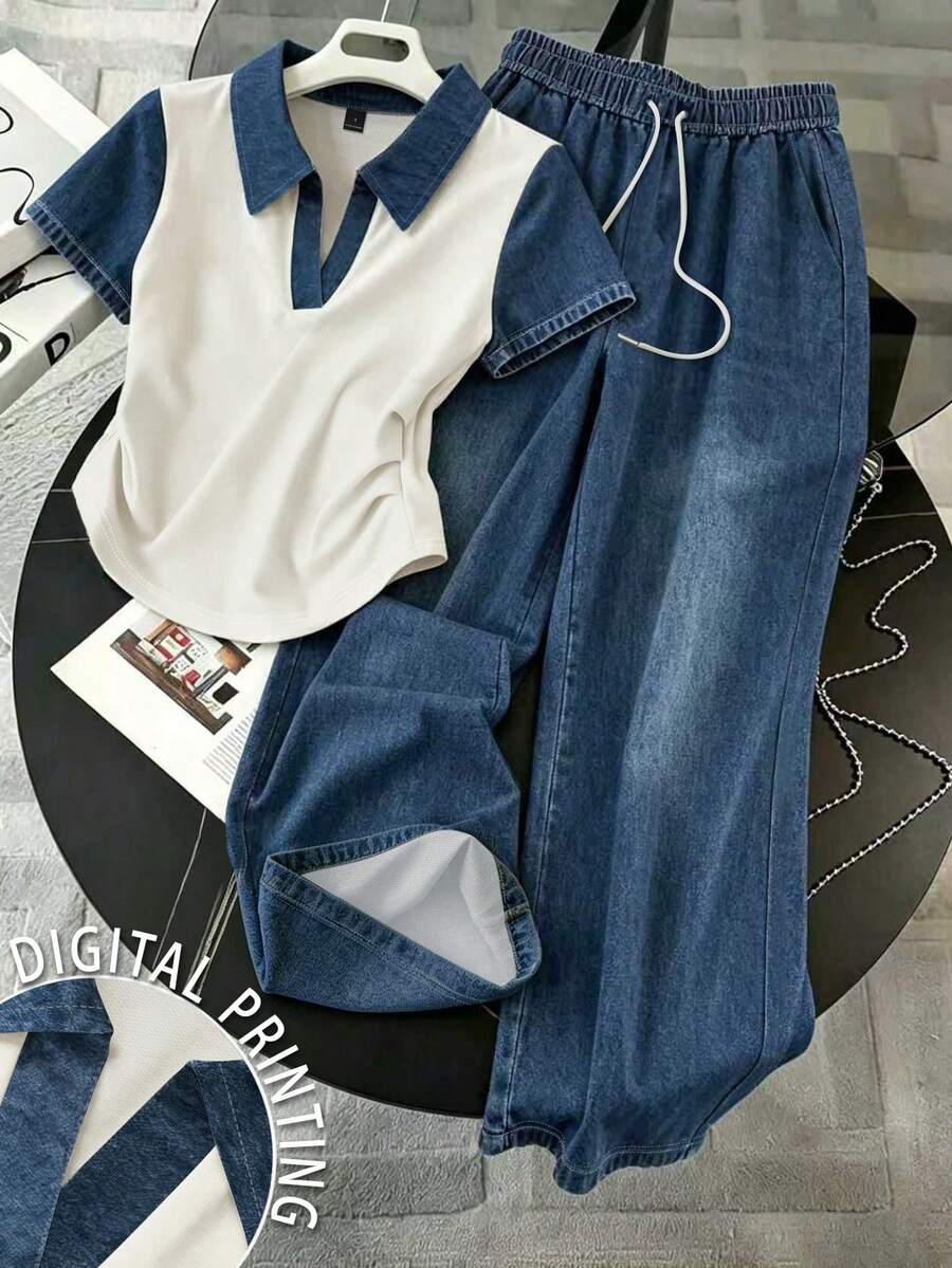 Resyla 女款百褶拼接短袖上衣與抽繩腰寬腿褲休閒兩件套 - 彩色 - 查看 1