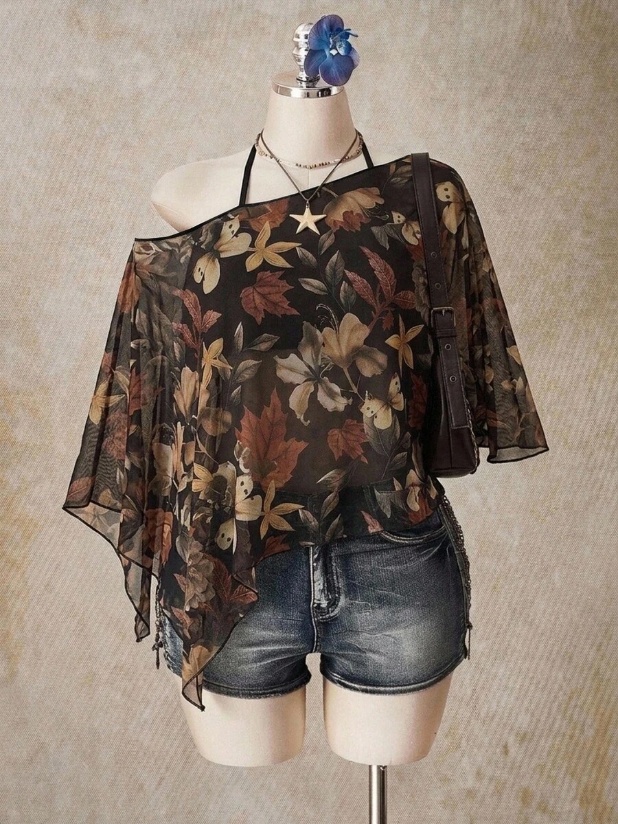 SHEIN ICON Atasan Jala Wanita Ukuran Besar Motif Bunga & Kupu-kupu Romantis Kasual, Cocok untuk Musim Panas - MultiWarna - View 1