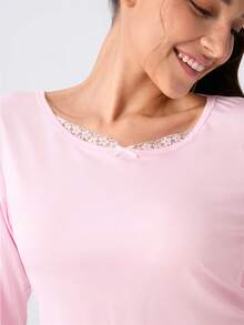 Loungeista 2pcs/Set Women's Round Neck Lace Patchwork Long Sleeve Top + Elastic Waist Long Pants Cute Loungewear Set - Pink - View 8