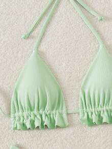 Swim Mod Women Solid Color Bikini Set With Ruffled Straps And Sexy Bandeau Top, Wireless, Summer Beach - Mint Green - View 4