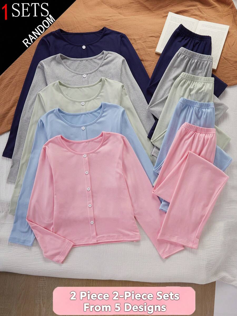 1套女童寬鬆居家休閒服,純色長袖上衣與長褲,5色彈性針織親膚百搭居家服套裝,盲盒,5款隨機1件 - 彩色 - 查看 1