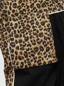ROMWE MEN Men's Leopard Print Patchwork Layered Flare Jeans - Black - View 4