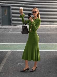 CLARA VERO Khaki Button Front Fluted Sleeve Knit Midi Set, Fitted, Ideal For Modern - Khaki - View 3