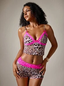 DreamPoppy Leopard Print Sexy & Comfortable Patchwork Fuchsia Lace Women Pajama Set - Multicolor - View 8