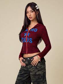 Rina Fox 女款秋季字母深紅色長袖拉鍊休閒街頭風 Y2K Grunge 運動衫，聖誕日常外出穿搭 - 紅色 - 查看 7