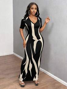 INAWLY Solva Women's Summer Sexy Fitted Printed Short Sleeve Dress - Black - View 6