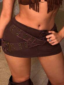 Rivivi Plus Size Women's Fashionable Versatile Denim Mini Skirt With Eyelet Buckle - Brown - View 4