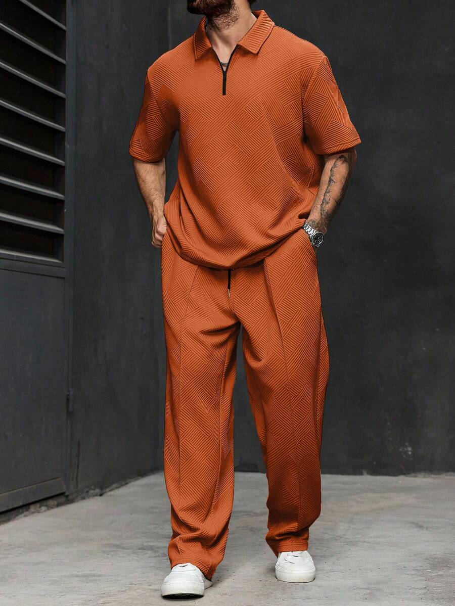 Manfinity CasualCool 男士大尺碼純色短袖 Polo 衫與長褲休閒套裝 - 橘色 - 查看 1