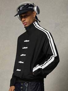 AXEPEAK Men's Street Fashion Frog Button Zipper Striped Long Sleeve Jacket - Black - View 4