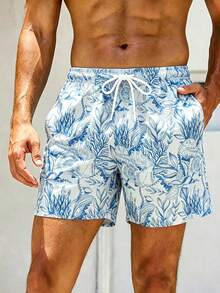 Manfinity Swimmode 男士休闲全印花抽绳腰沙滩短裤 - 藍白色 - 查看 3