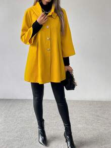 LanaWest Women Plain Color Block Front Button Long Sleeve Casual Jacket - Yellow - View 7