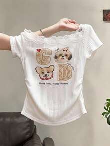 DAZY Women's Letter Cartoon Print Contrast Lace Short Sleeve T-Shirt Graphic Tees Cute Tops Open Shoulder Tops Vacation - White - View 1