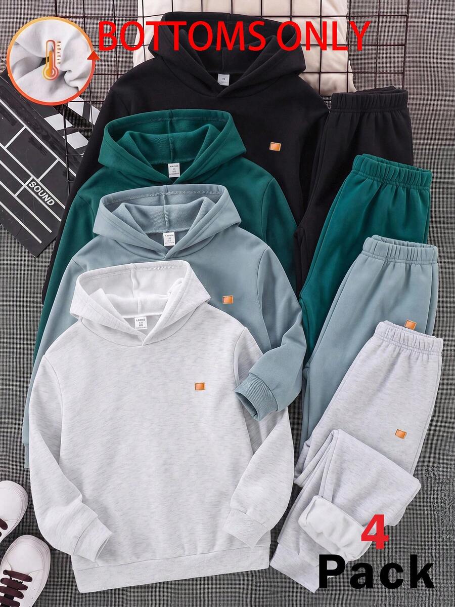 SHEIN 4件套儿童/青少年男童休闲百搭运动裤套装,包含橄榄绿、浅灰色、炭蓝色和黑色,适合通勤、上学、日常休闲穿着、运动以及秋冬季节穿着。 - 彩色 - 查看 1