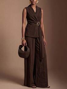 Zivah Elegant & Sophisticated Women's Autumn/Winter 2 Pieces Suit Set, Suitable For Office Wear: Metal Decor Sleeveless Blazer + Wide Leg Pants, Dark Brown - Brown - View 4