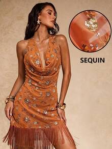 Glamine Women's Summer Sexy Boho Draped Neck Brown Floral Sequin Embroidered Tassel Dress, Shiny Mini New Year Outfit, Party Nightout Club Night Out Rave - Orange - View 3