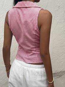 SHEIN EZwear 夏季條紋修身無袖女款襯衫 - 紅色 - 查看 2
