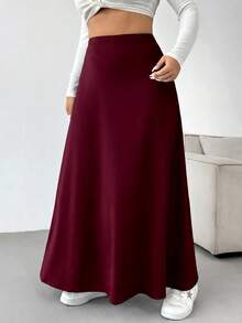 SHEIN EZwear 大尺碼休閒傳統優雅百搭純色長裙 正式派對酒紅色 秋冬款 - 酒紅色 - 查看 5
