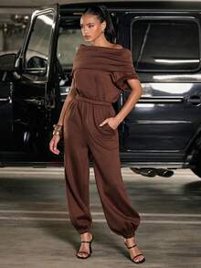 Hauture Women's Sexy Casual High Neck Hooded Multi-Wear Terry Sweatshirt Drawstring Hem Jumpsuit - Brown - View 3