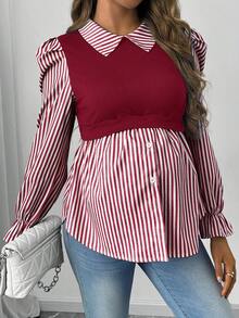 SHEIN 女款條紋拼接 2 合 1 哺乳休閒日常上衣 - 紅白色 - 查看 5