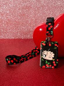 Betty Boop x SHEIN Red Black Cherry Multifunctional Combo Keychain Badge Holder Detachable Neck Lanyard , Cute Cartoon Card Cover Keychain, Bag Pendant - red and black - View 1