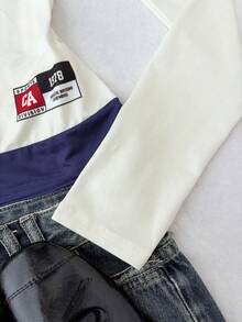 SHEIN 兒童青少年女孩秋季新款休閒美式復古學院風印花 2 合 1 拼接長袖 T 恤，返校季 - 彩色 - 查看 5
