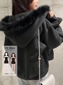 Dazy Tall Women's Hooded Fur Collar Patchwork Loose Open Front Cropped Sweatshirt Fall - Black - View 1