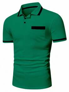 Calvornis 男士夏季休閒拼色飾邊短袖 Polo 衫 - 綠色 - 查看 3