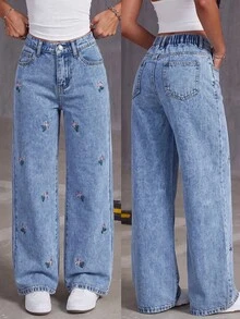 SHEIN Girlism 女童藍色丹寧寬鬆長褲，花卉刺繡圖案 - 藍色 - 查看 3