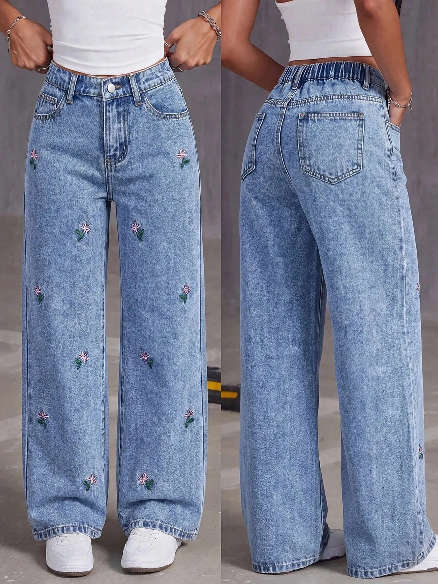SHEIN Girlism Girls' Blue Denim Loose Fit Long Pants With Floral Embroidery Pattern - Blue - View 1