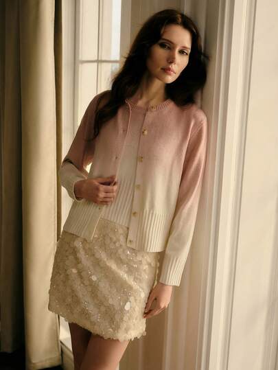 MOTF PREMIUM AUTUMN/WINTER KOREAN STYLE GENTLE GRADIENT KNIT SET FOR WOMEN, SOFT SKIN-FRIENDLY PULLOVER KNIT TOP AND LONG SLEEVE PINK & WHITE GRADIENT CARDIGAN 2-PIECE SET