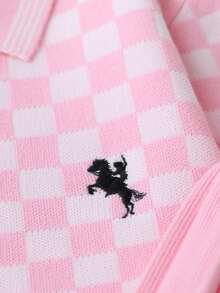 SHEIN 女童針織套裝，粉色可愛刺繡兔子格紋毛衣 + 針織迷你裙 2 件套，青少年女款長袖 V 領套頭衫，休閒優雅風，秋冬款 - 粉色 - 查看 5