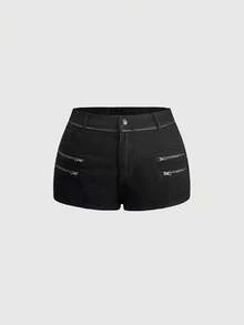 ROMWE Celana Pendek Denim Wanita Ukuran Plus Serbaguna Gaya Y2K Hot Girl Warna Hitam dengan Desain Resleting - Hitam - View 1