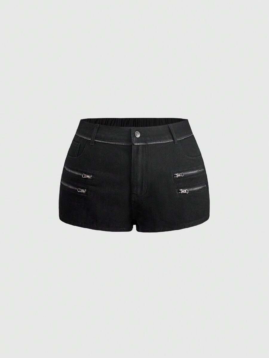 ROMWE Celana Pendek Denim Wanita Ukuran Plus Serbaguna Gaya Y2K Hot Girl Warna Hitam dengan Desain Resleting - Hitam - View 1