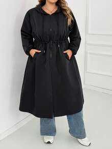 SHEIN CURVE+ Zipper Hooded Cinched Waist Plus Size Long Sleeve Jacket, Autumn Winter Outerwear, 2026 22W Hiking Rodeo Normal - Black - View 3