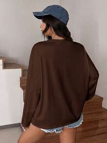 SHEIN EZwear 夏季純色蝴蝶結裝飾短版修身 T-shirt - 棕色 - 查看 2