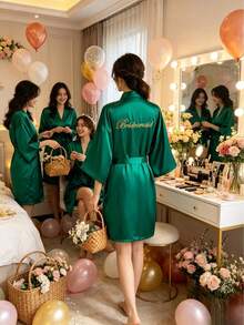 Soft Silky Satin Embroidered Bridal Morning Robe For Bride Bridesmaid Wedding Daily Wear Vacation - Bridesmaid Green - View 4
