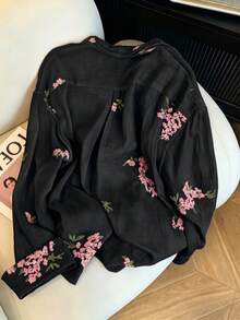 Franclia 女款時尚休閒極簡浪漫度假風刺繡花卉長袖鈕扣襯衫 秋季 - 黑色 - 查看 2
