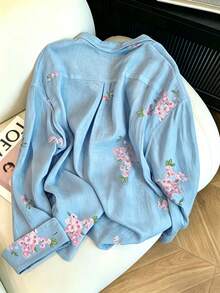 INAWLY 女款時尚休閒極簡浪漫度假風刺繡花卉長袖鈕扣襯衫 秋季 - 藍色 - 查看 2