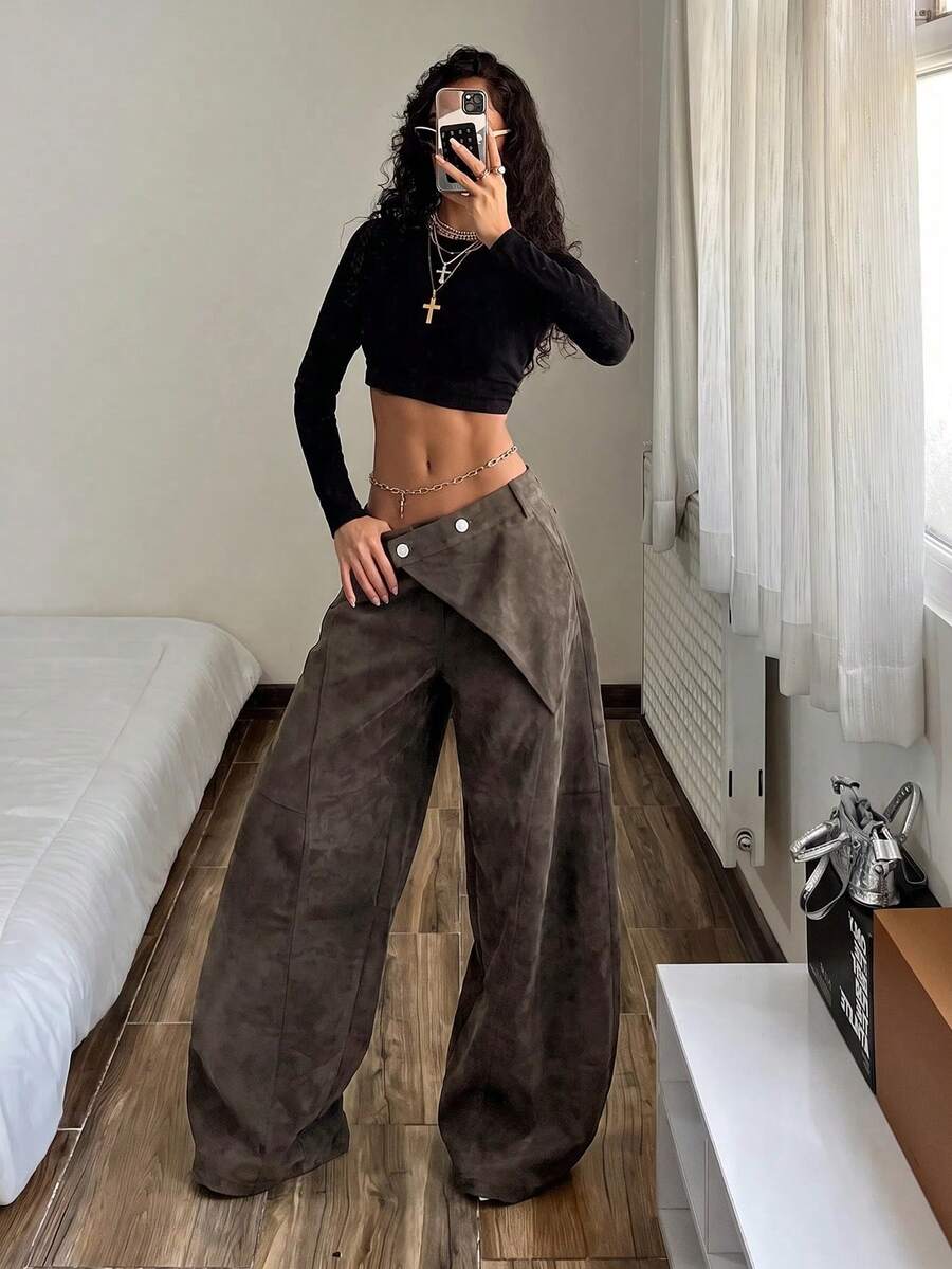 StreetHx Celana Jeans Denim Kasual Serbaguna untuk Pemakaian Sehari-hari dengan Kancing untuk Wanita - Rust Brown - View 1