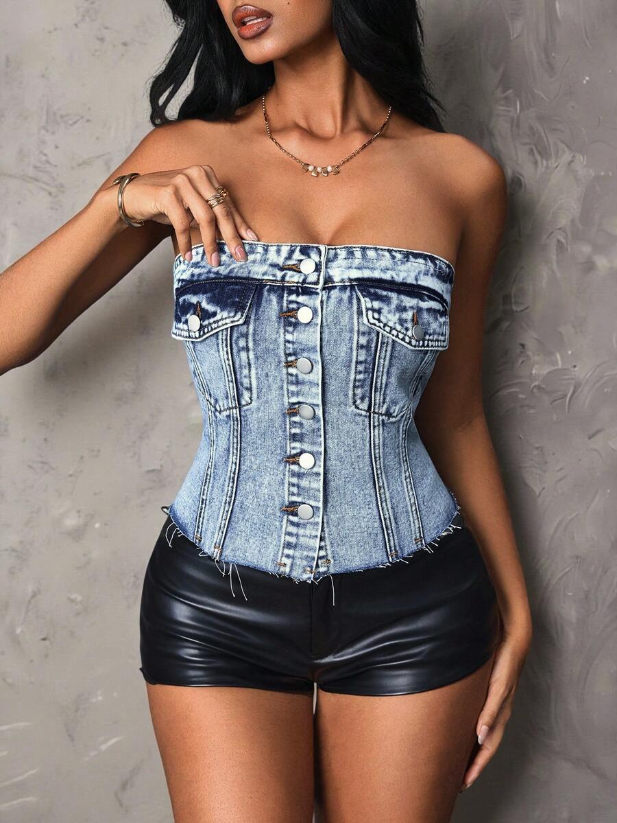 SHEIN Glamour 女款單排扣休閒百搭日常牛仔抹胸上衣 - 藍色 - 查看 1