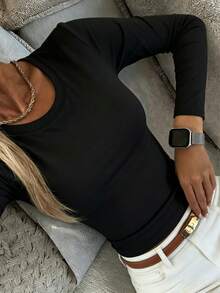 Dazy Tall Women's Crew Neck Thermal Lined Long Sleeve Base Layer T-Shirt Vacation - Black - View 2