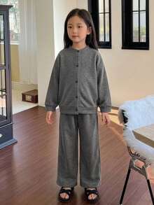 DAZY Setelan Pakaian Santai 2 Potong untuk Anak Perempuan: Atasan Longgar Leher Bulat Lengan Panjang Kasual Musim Gugur + Celana Panjang Lurus - Dark Grey - View 5