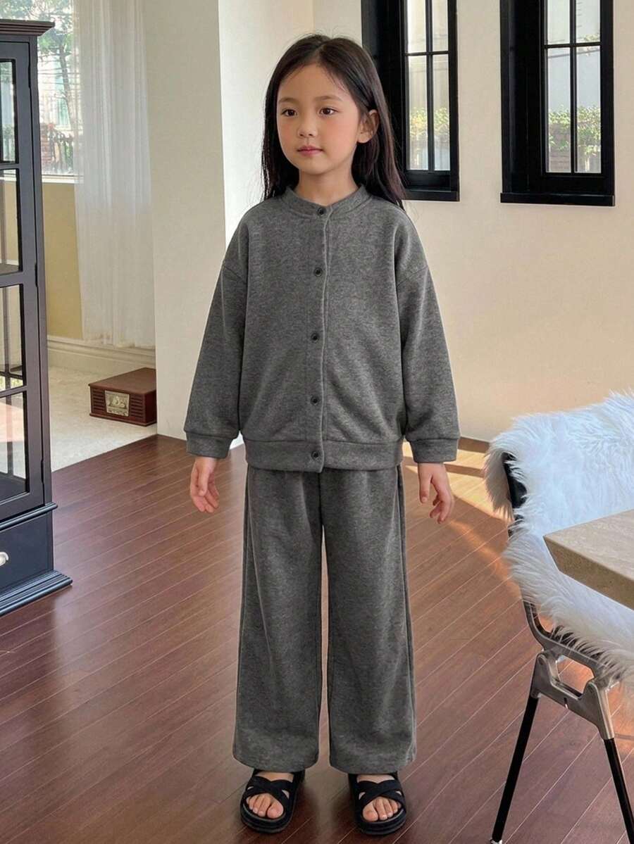 DAZY 女童寬鬆圓領長袖休閒秋季上衣 + 直筒長褲 2件套居家服 - 深灰色 - 查看 1